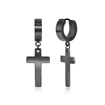 Mens Stainless Steel Cross Charm Polished Huggie Hoop Earrings - Black Plated