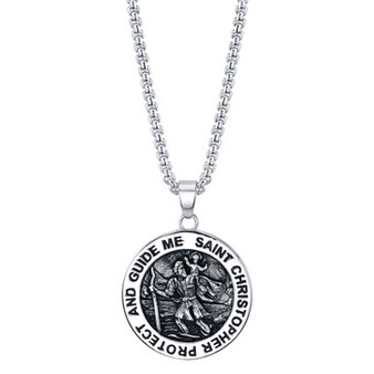 "Saint Christopher" Coin Pendant Necklace in Stainless Steel, 24" Chain