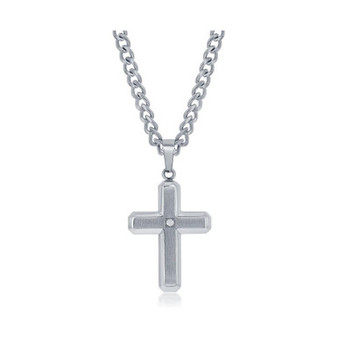 Mens Stainess Steel Brushed Polished w/ CZ Cross Necklace