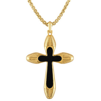 Men's Icon Black Agate Cross Pendant Necklace in 14k Gold, 24" + 2" extender