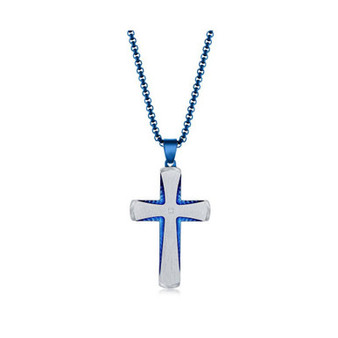Men's Stainless Steel Silver & Blue Plated Single CZ Cross Necklace