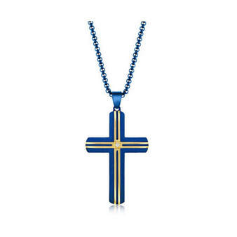 Mens Stainless Steel Blue & Gold Plated Lined Single CZ Cross Necklace