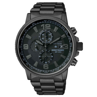 Men's Chronograph Eco-Drive Nighthawk Black Ion Plated Stainless Steel Bracelet Watch 43mm CA0295-58E