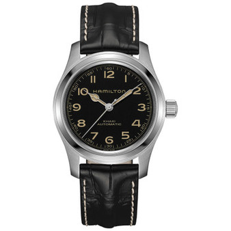 Men’s Swiss Automatic Khaki Field Black Leather Strap Watch 42mm