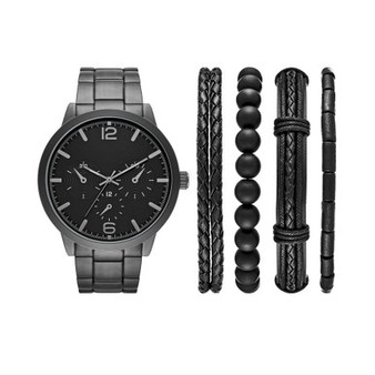 Men's Black Stainless Steel Bracelet Watch 46mm Gift Set