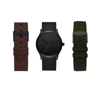 Men's Quartz Dial Black Leather Strap Watch, 42mm with Interchangeable Straps, Set of 3