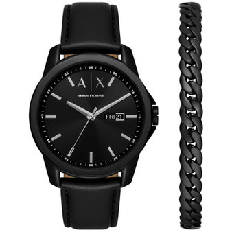Men's Three-Hand Day-Date Quartz Black Leather Watch 44mm and Black Stainless Steel Bracelet Set
