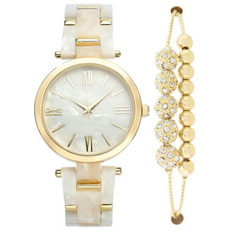Women's Gold-Tone & Mother-of-Pearl Bracelet Watch 38mm & Slider Bracelet Set, Created for Macy's
