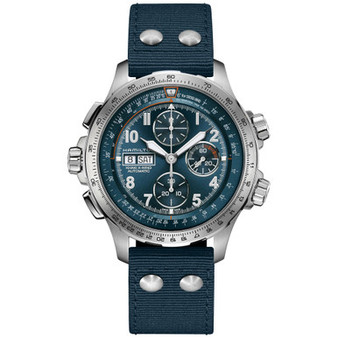 Men's Swiss Automatic Chronograph Khaki Aviation X-Wind Blue Textile Strap Watch 45mm