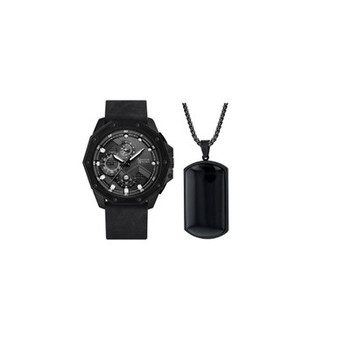 Men's Analog Matte Black Leather Watch 48mm Gift Set, 2 Pieces