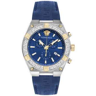 Men's Swiss Chronograph V-Sporty Greca Blue Leather Strap Watch 46mm