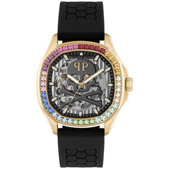 Men's Automatic Skeleton Spectre Black Silicone Strap Watch 42mm