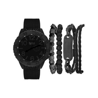 Men's Quartz Dial Black Fabric Strap Watch and Assorted Black Stackable Bracelets Gift Set, Set of 5