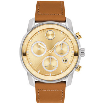 Men's Swiss Chronograph Bold Verso Brown Leather Strap Watch 44mm