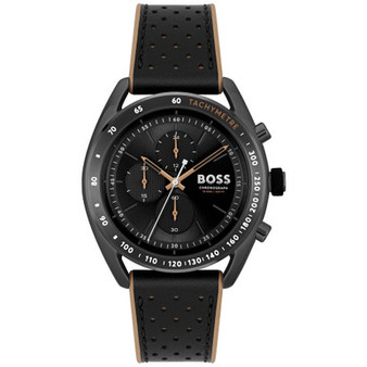 Men's Center Court Quartz Chronograph Black Leather and Brown Silicone Strap Watch 44mm