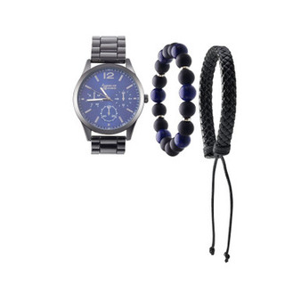 Men's Quartz Movement Shiny Gunmetal Bracelet Analog Watch, 45mm with Stackable Bracelet Set and Zippered Travel Pouch