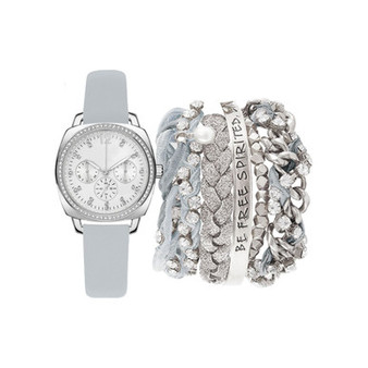Women's Analog Gray Strap Watch 34mm with Silver-Tone Chain Bracelets Set