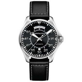 Men's Swiss Automatic Khaki Pilot Black Leather Strap Watch 42mm