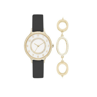 Women's Analog Black Strap Watch 34mm with Gold-Toned Cubic Zirconia Crystal Bracelet Gift Set