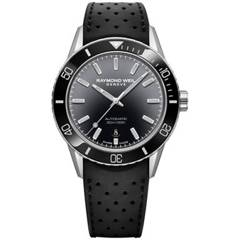 Men's Swiss Automatic Freelancer Diver Black Perforated Rubber Strap Watch 43mm