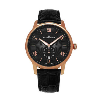 Alexander Watch A102-04, Stainless Steel Rose Gold Tone Case on Black Embossed Genuine Leather Strap
