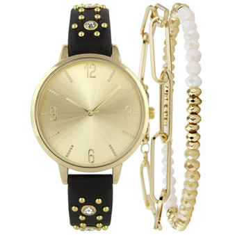 Women's Black Strap Watch 38mm Gift Set, Created for Macy's