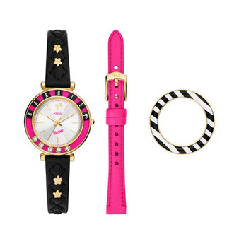 Barbie x Limited Edition Three-hand Quartz Black Litehide Leather Watch 28mm and Interchangeable Strap Set, 28mm