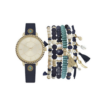 Women's Analog Navy Strap Watch 32mm with Gold-Tone and Turquoise Beaded Bracelets Set