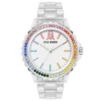 Women's Analog Clear Plastic with Rainbow Crystal Bezel Bracelet Watch, 40mm