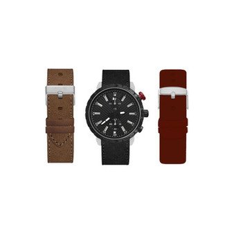Men's Analog Black Strap Watch 45mm with Burgundy, Brown and Black Interchangeable Straps Set