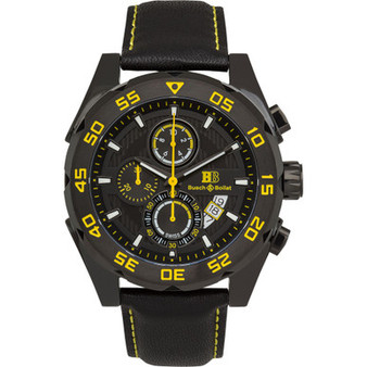 Torrent Men's Chronograph Watch Black Leather Strap, Black and Yellow Dial, 44mm