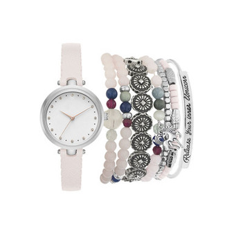 Women's Analog Blush Strap Watch 28mm with Silver-Tone Stackable Bracelets Set