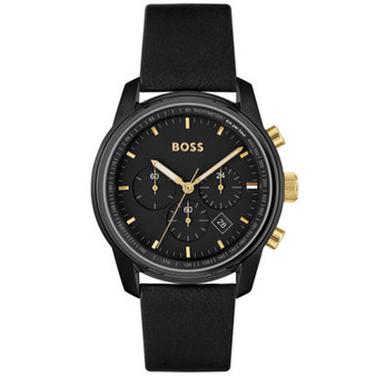 Men's Trace Black Genuine Leather Strap Watch, 44mm
