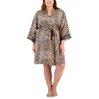 Plus Size Lace-Trim Cheetah-Print Satin Wrap Robe, Created for Macy's
