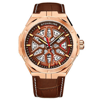 Men's Automatic Brown Alligator Embossed Genuine Leather Strap with White Stitching Watch 44mm