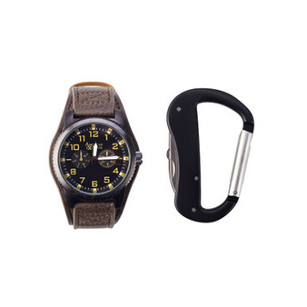Men's Quartz Movement Black Leather Strap Analog Watch, 44mm and Carabiner Tool with Zippered Travel Pouch
