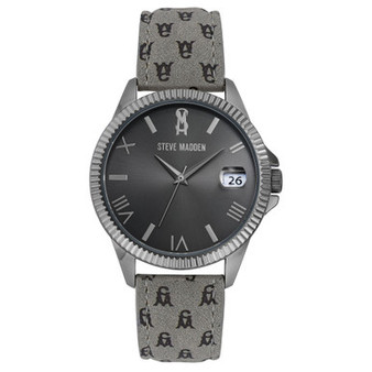 Women's Gray Polyurethane Leather Strap with Black Steve Madden Logo and Stitching Watch, 41mm