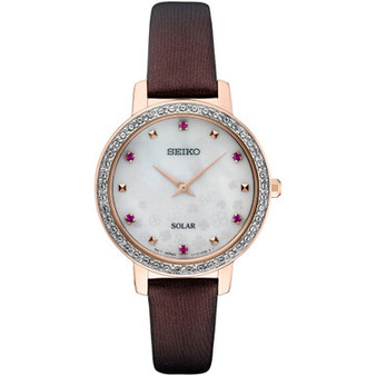 Women's Solar Crystal Burgundy Leather Strap Watch 30mm