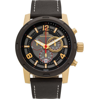 Baracchi Men's Chronograph Watch Black Leather Strap, White Stitching, Black/Grey Dial, Gold Case, 46mm