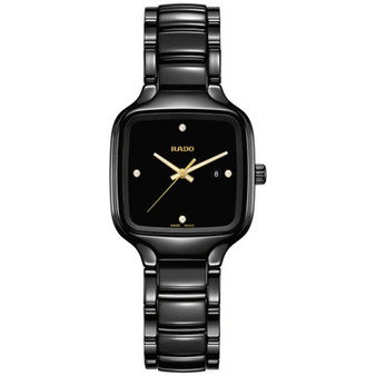 Women's Swiss True Square Diamond Accent Black Ceramic Bracelet Watch 29mm