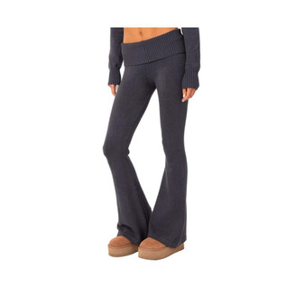Women's Low Waist Flared Knitted Pants With Fold Over Belt