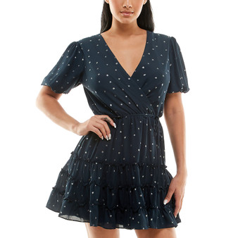 Juniors' Printed V-Neck Short-Sleeve Tiered Dress