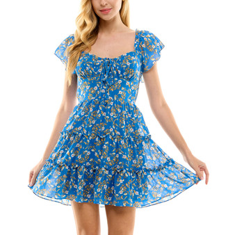 Juniors' Floral-Print Lace-Up Flutter-Sleeve Tiered Dress