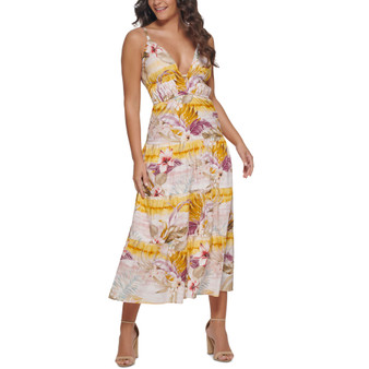 Women's Tropical-Print Plunge-Neck Maxi Dress