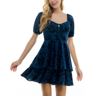 Juniors' Puff-Sleeve Flocked Velvet Mini Dress