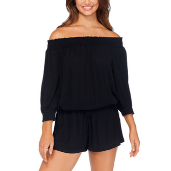 Juniors' Solid West Coast Off-The-Shoulder Romper Cover-Up