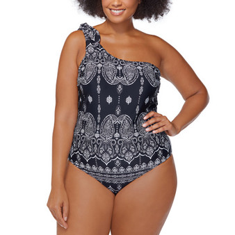 Plus Size Printed Best Day Ever Marita One-Shoulder Removable-Strap One-Piece Swimsuit