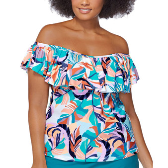 Plus Size Printed Korakia Tortuga Off-The-Shoulder Removable-Strap Tankini Swim Top