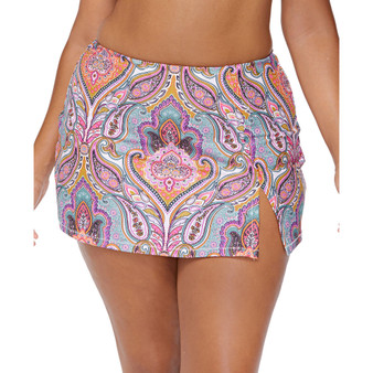 Plus Size Paisley-Print Silk Road Peru Slit-Front Swim Skirt