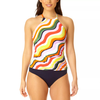 Women's Printed High-Neck Tankini & High-Waisted Solid Bottoms